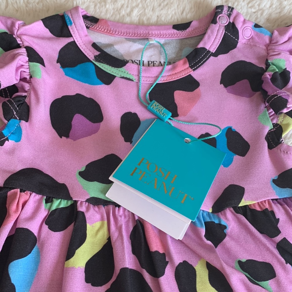 NWT Posh Peanut Electric Leopard Ruffle Bodysuit Dress 6-12M Purple - Picture 8 of 8